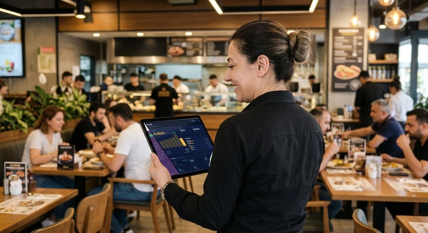 Restoran salonunda tabletten xhesap raporlarına bakan yönetici